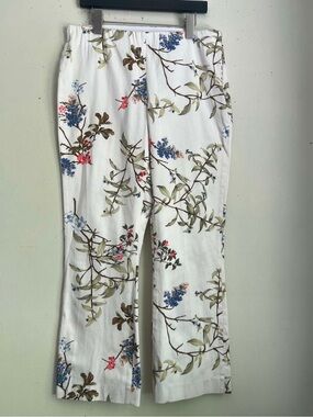 Zara White Wide-Leg Pants with Blue, Green & Pink Floral Branch Print